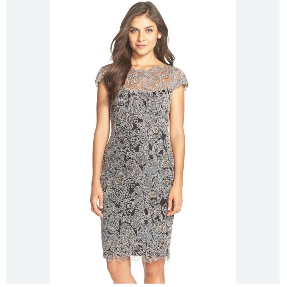 Tadashi Shoji Dress Size 4 Embroidered Mesh Sheath Steel Shadow Black Rose